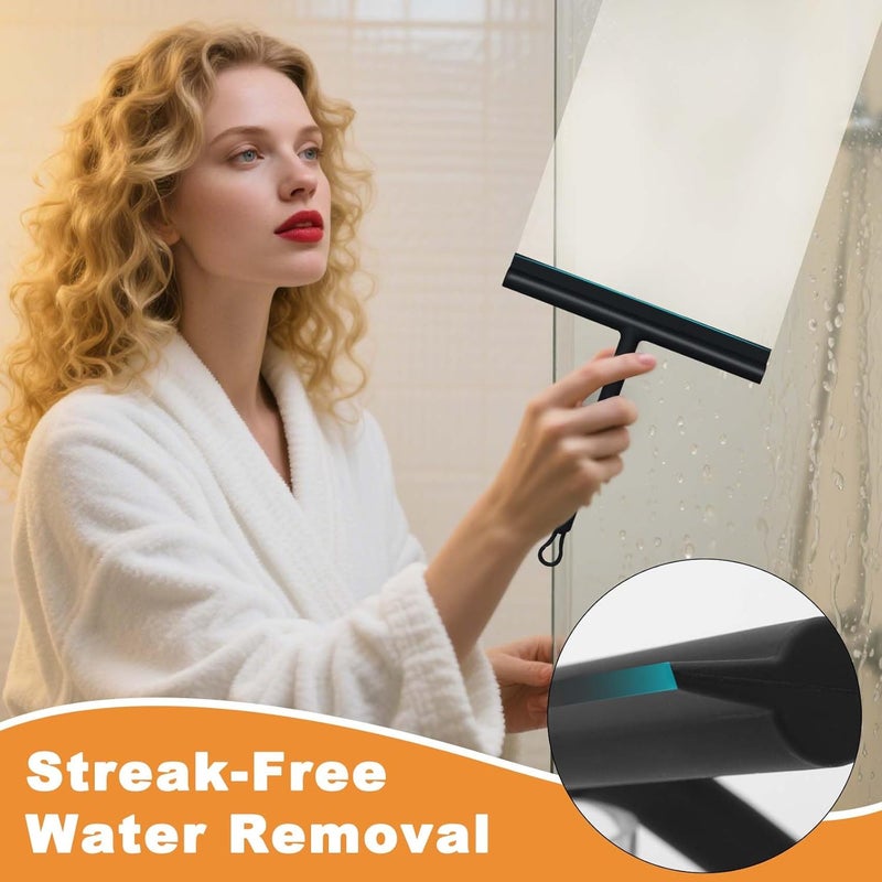 DEOFUXT Squeegee for Shower Glass Doors, Resilient Loop - No-Drill & Adhesive Hook, Silicone Shower Squeegee with Stainless Steel Core, Cleaning Tool for Home, Kitchen, Bathroom & Car - Black - Image 3